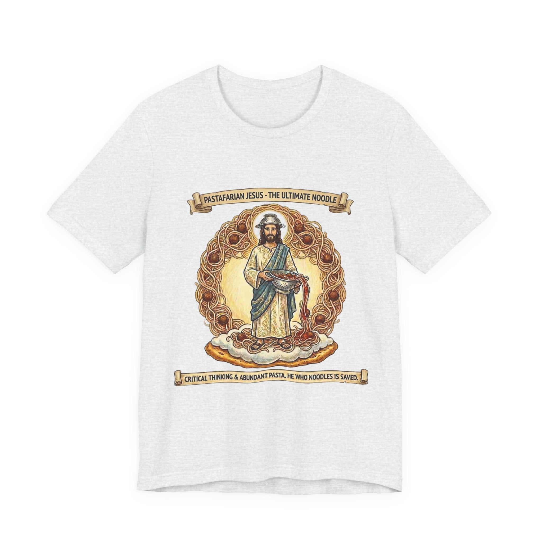 Pastafarian Jesus Tee – 'The Ultimate Noodle' Religious Parody T-Shirt