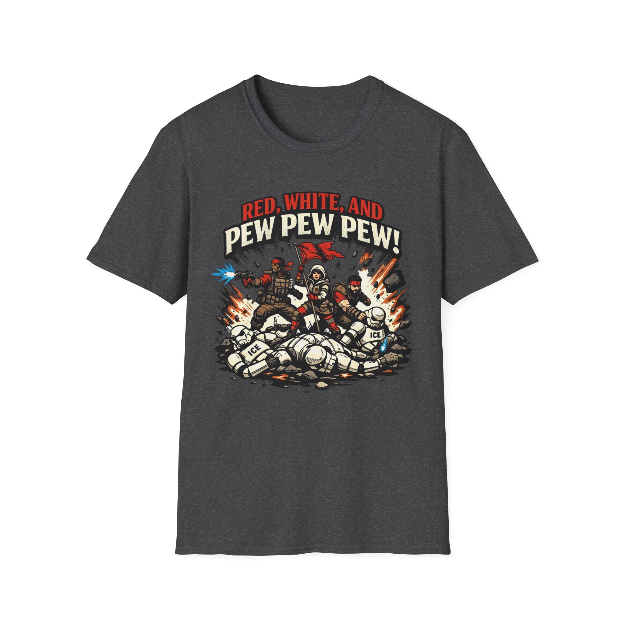 T-Shirt — "Red, White, and Pew Pew Pew!" Patriotic Sci‑Fi Battle Tee