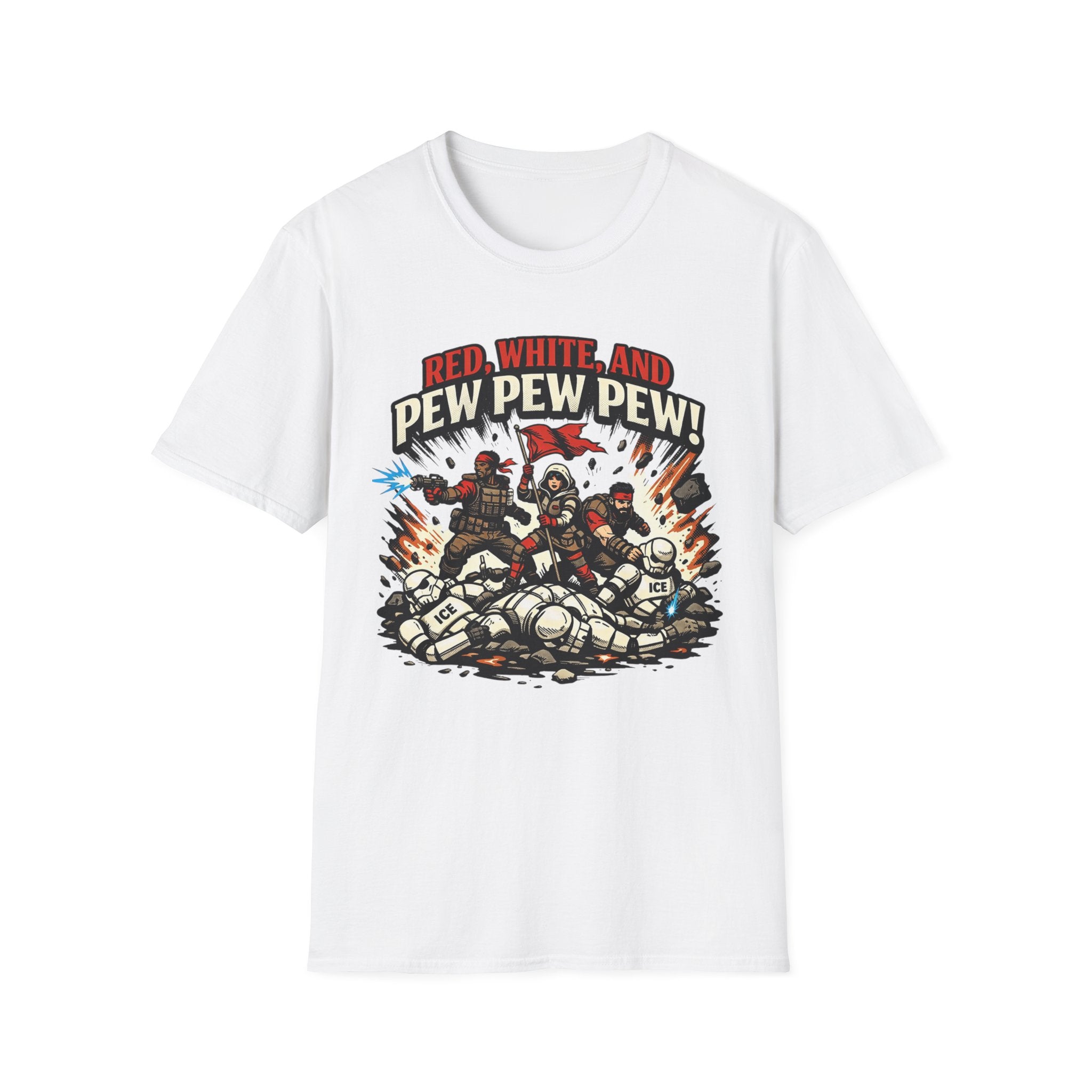 T-Shirt — "Red, White, and Pew Pew Pew!" Patriotic Sci‑Fi Battle Tee
