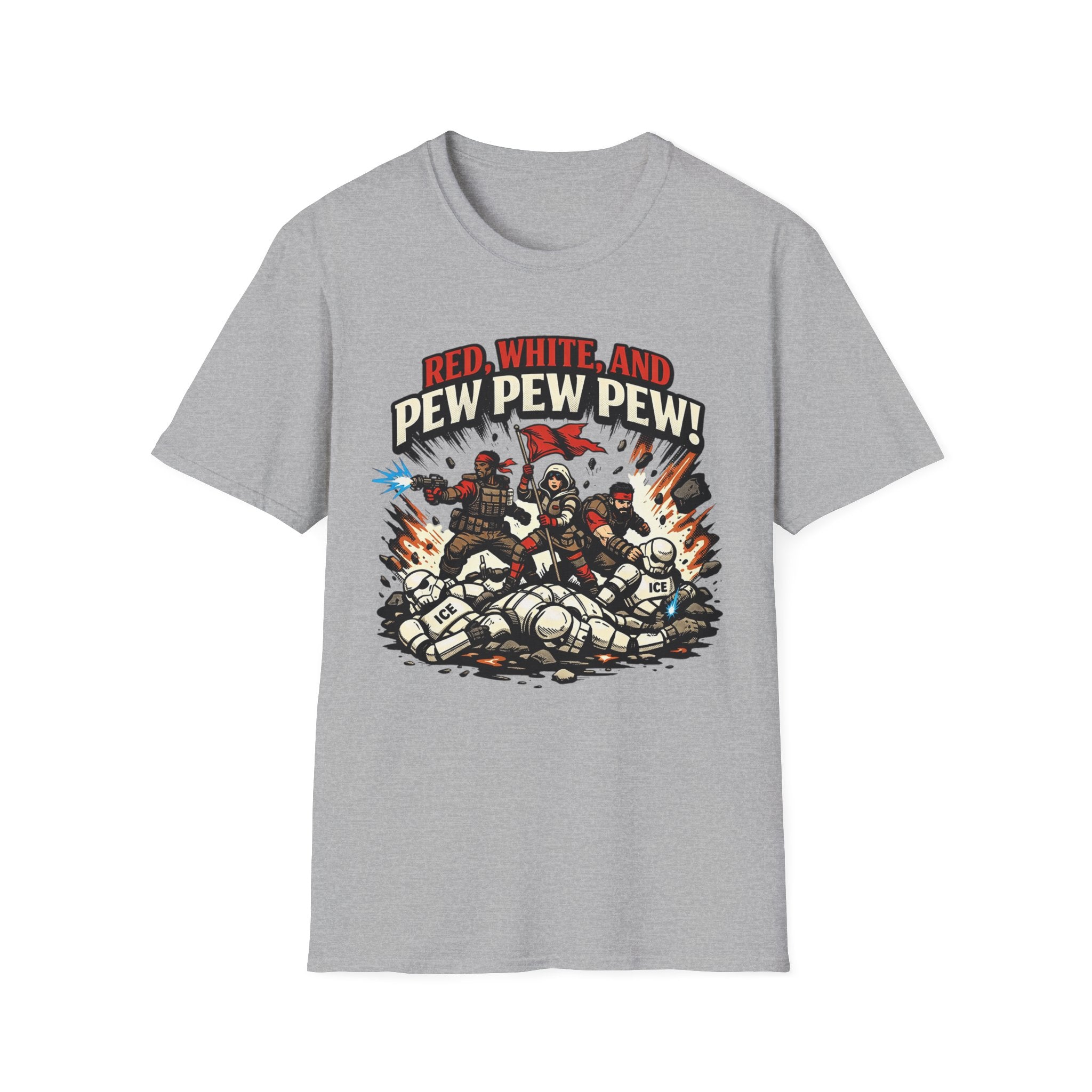 T-Shirt — "Red, White, and Pew Pew Pew!" Patriotic Sci‑Fi Battle Tee
