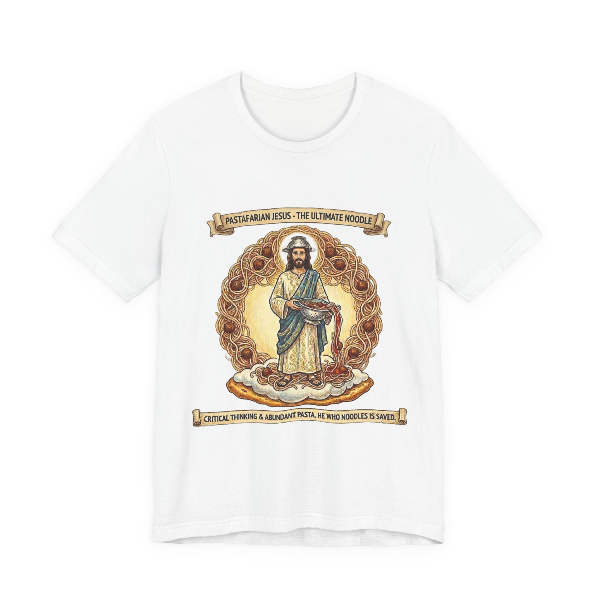 Pastafarian Jesus Tee – 'The Ultimate Noodle' Religious Parody T-Shirt