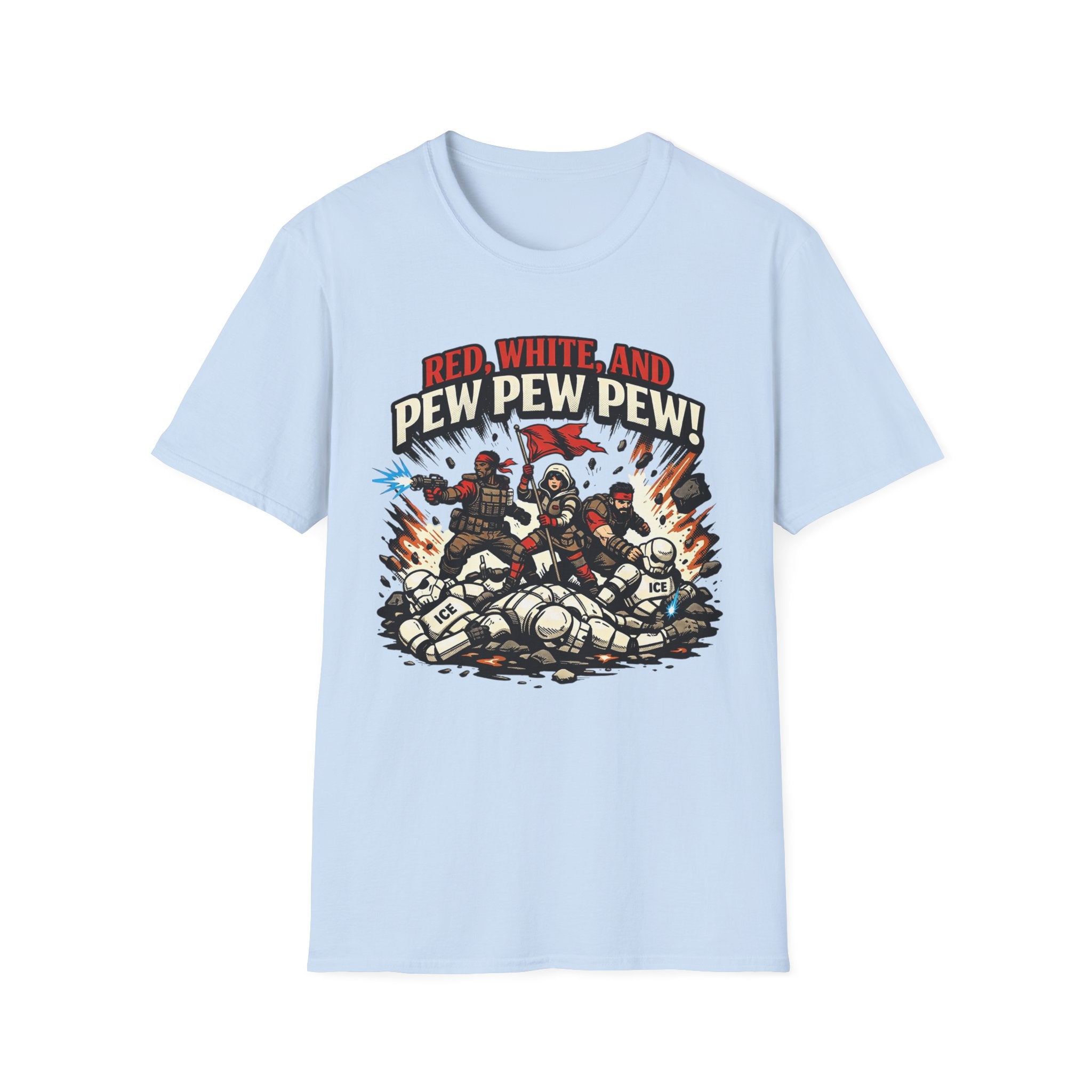 T-Shirt — "Red, White, and Pew Pew Pew!" Patriotic Sci‑Fi Battle Tee