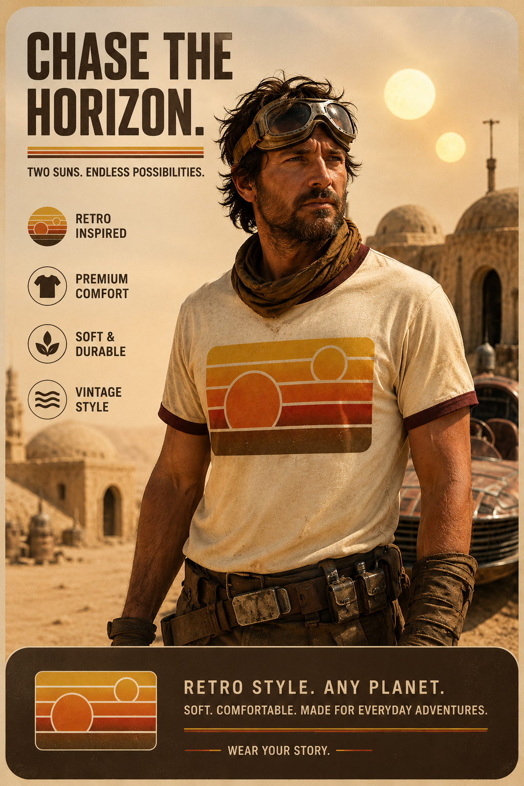 Binary Sunset Ringer T-Shirt | Retro Twin Suns Graphic Tee